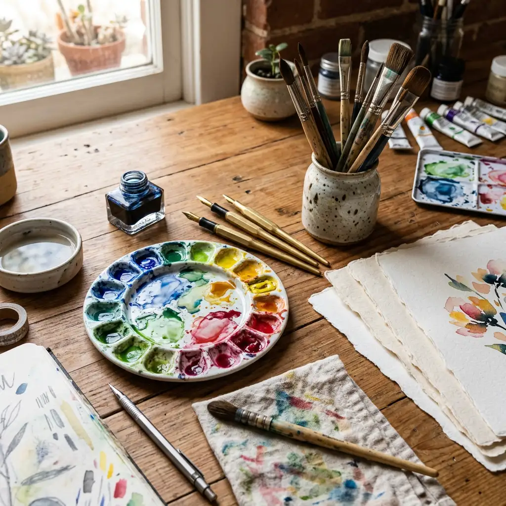 Gena Terranova's art studio workspace with paint wells and brushes
